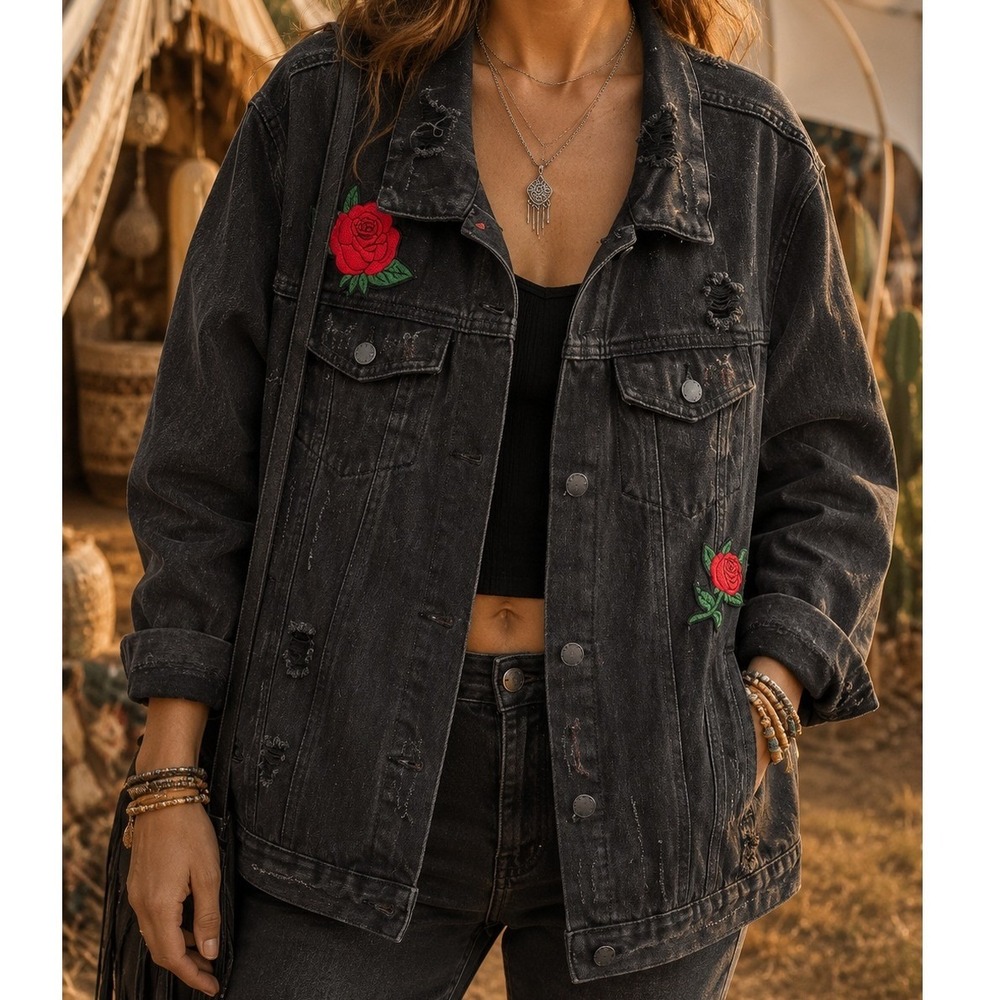Ci Sono Womens Black Distressed Denim Rose Embroidered Jacket XL Floral Casual